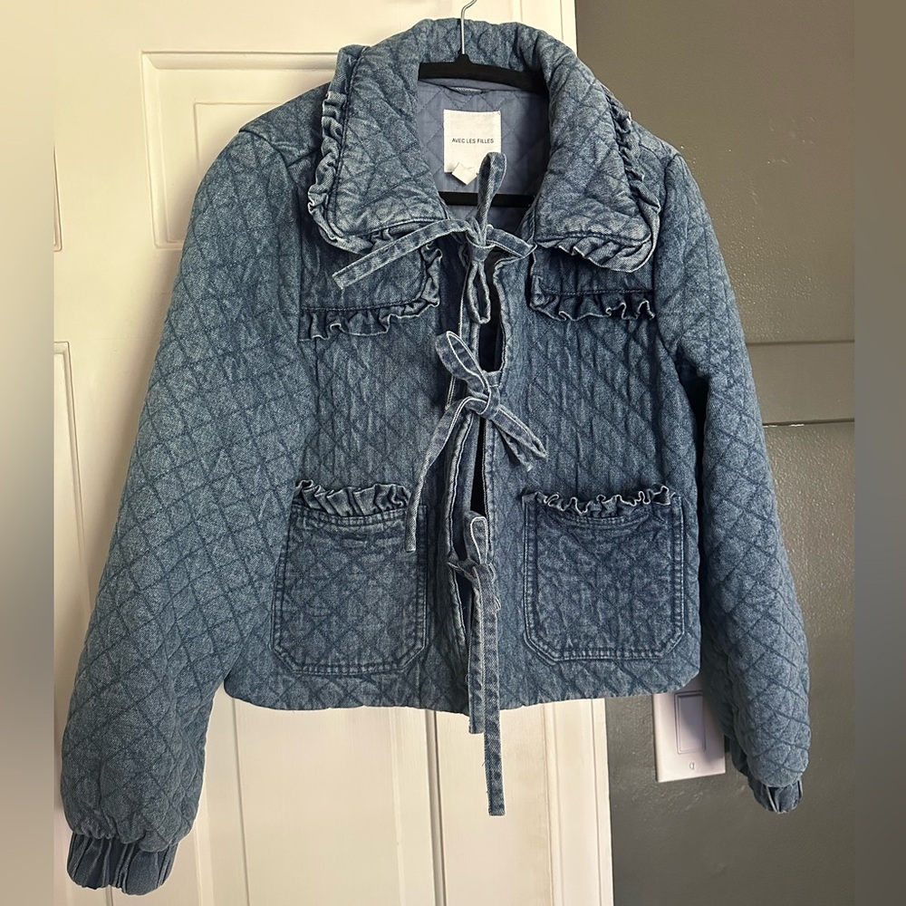 Anthropologie Avec Les Filles The Maura Bow-Tie Denim Jacket Quilted Blue Casual - Picture 4 of 8